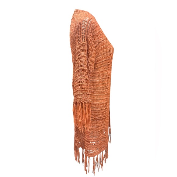 Umgee Boho Fringe Open Knit Kimono Cardigan Rust M/L Crochet Festival Layer - Picture 5 of 7